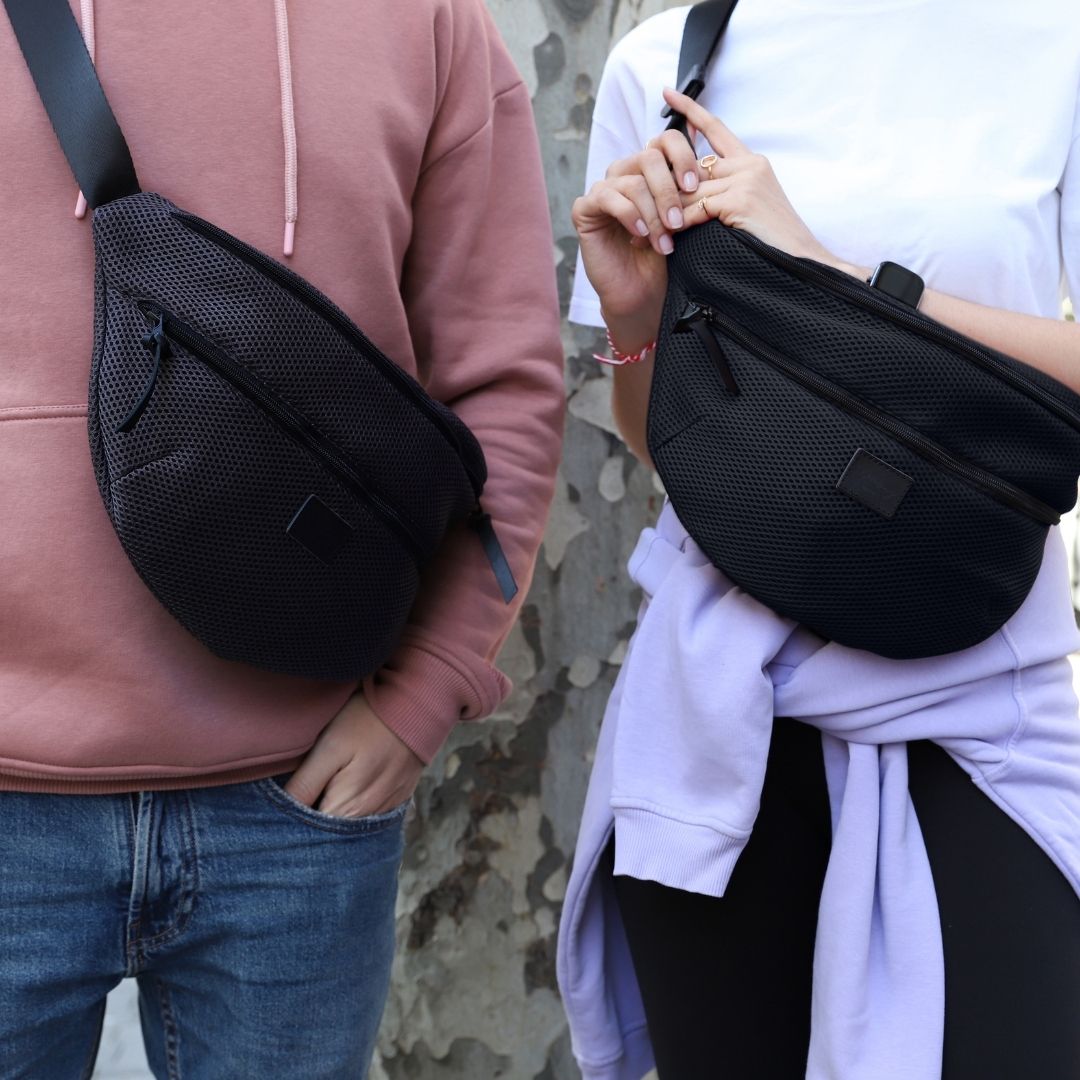 Meshbag file bel çantası, nefes alabilen örgü kumaş, uniseks tasarım, 3 farklı kullanım seçeneğiyle spor, şehir ve seyahat için ideal.