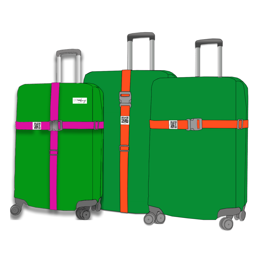 Powbag TripDuo ikili valiz kayışı seti, dayanıklı polyester dokumadan üretilmiş, klipsli ve ayarlanabilir, dikey ve yatay kullanıma uygun bavul sabitleme kemerleri.