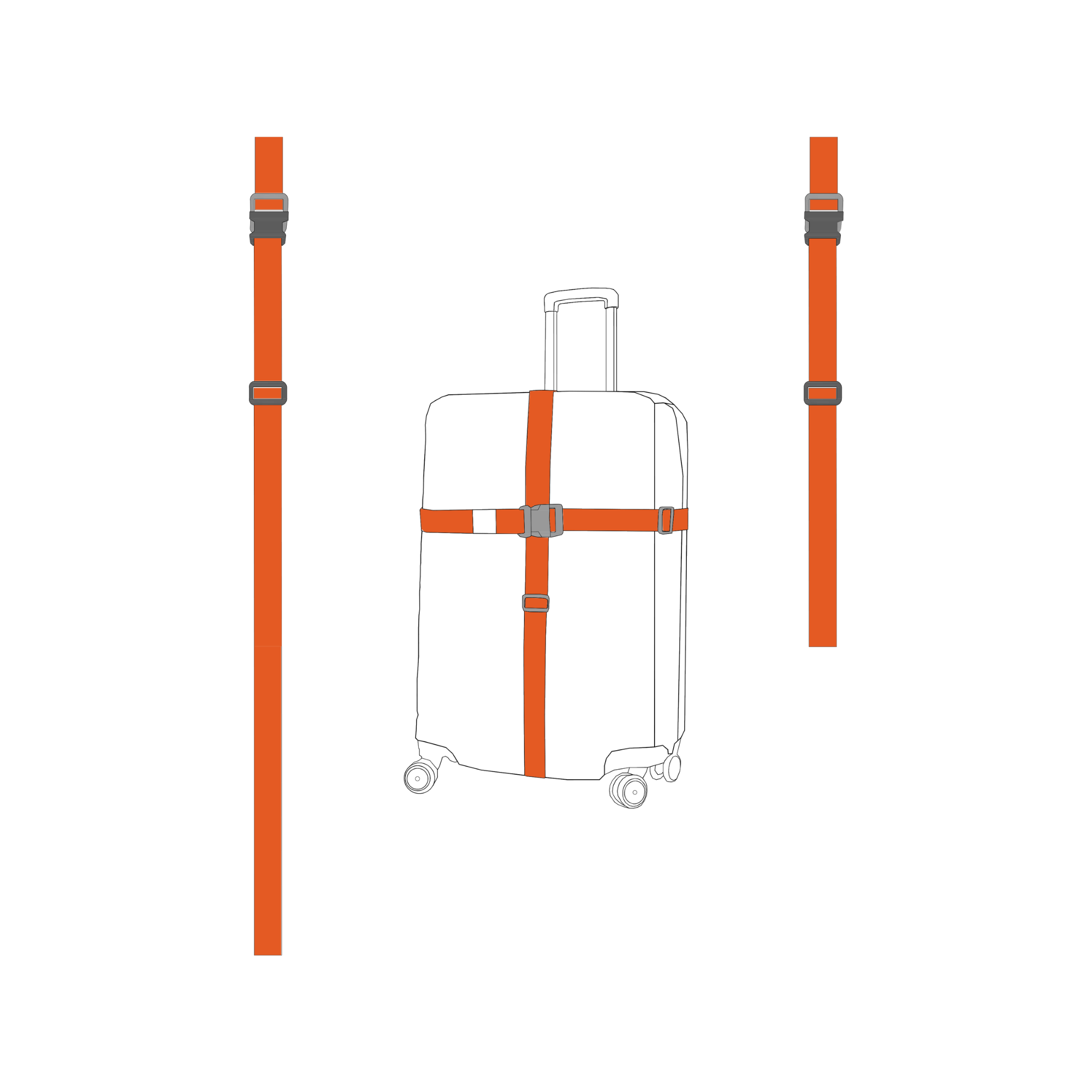 Powbag TripDuo ikili valiz kayışı seti, dayanıklı polyester dokumadan üretilmiş, klipsli ve ayarlanabilir, dikey ve yatay kullanıma uygun bavul sabitleme kemerleri.