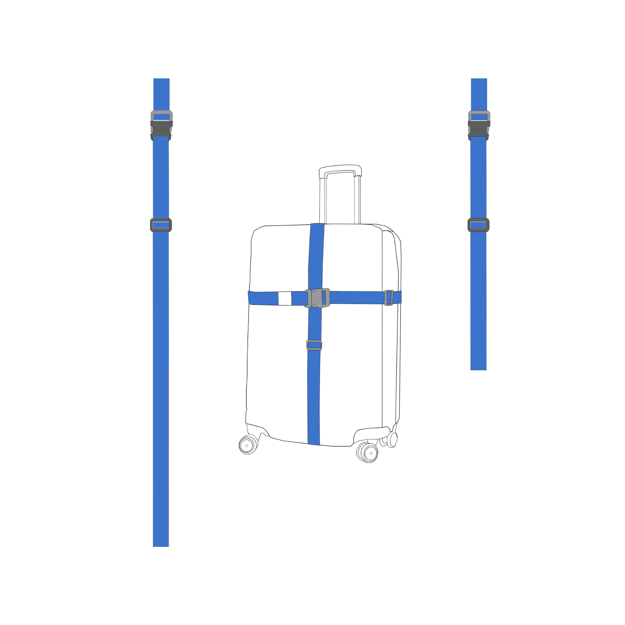 Powbag TripDuo ikili valiz kayışı seti, dayanıklı polyester dokumadan üretilmiş, klipsli ve ayarlanabilir, dikey ve yatay kullanıma uygun bavul sabitleme kemerleri.