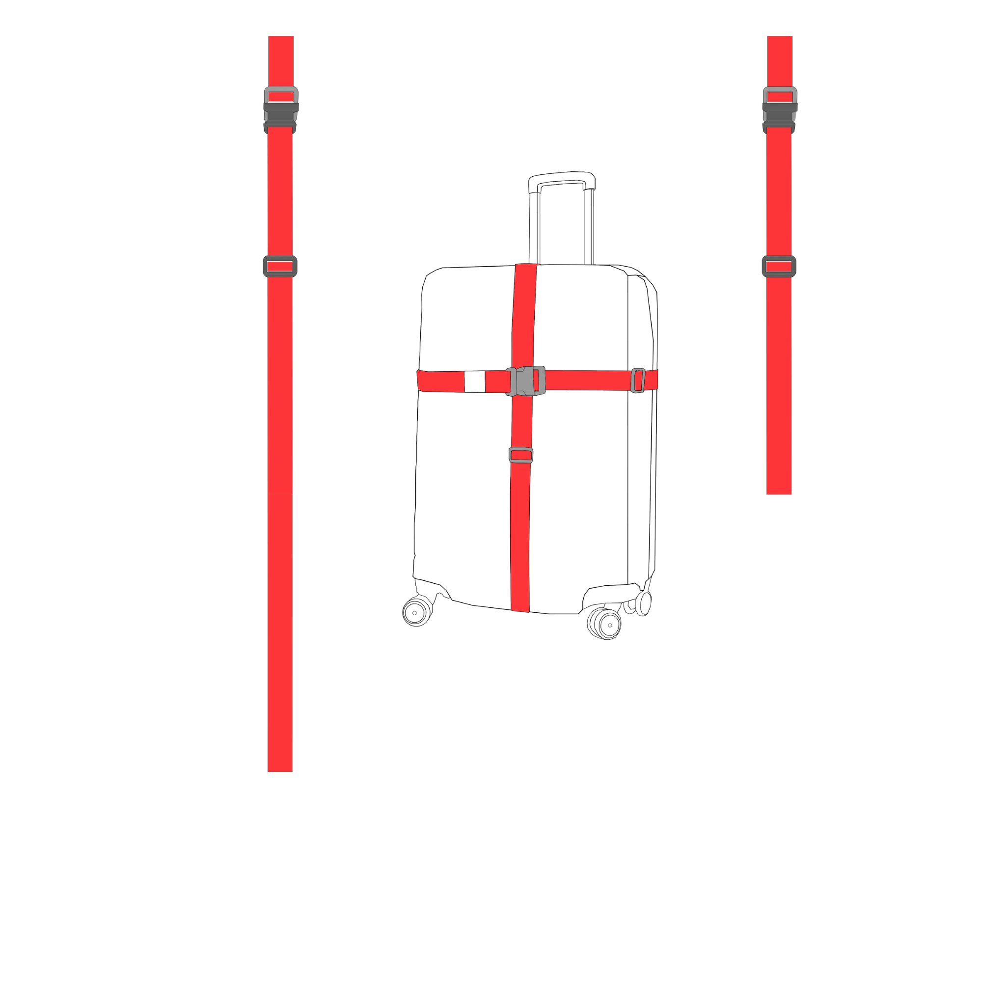 Powbag TripDuo ikili valiz kayışı seti, dayanıklı polyester dokumadan üretilmiş, klipsli ve ayarlanabilir, dikey ve yatay kullanıma uygun bavul sabitleme kemerleri.