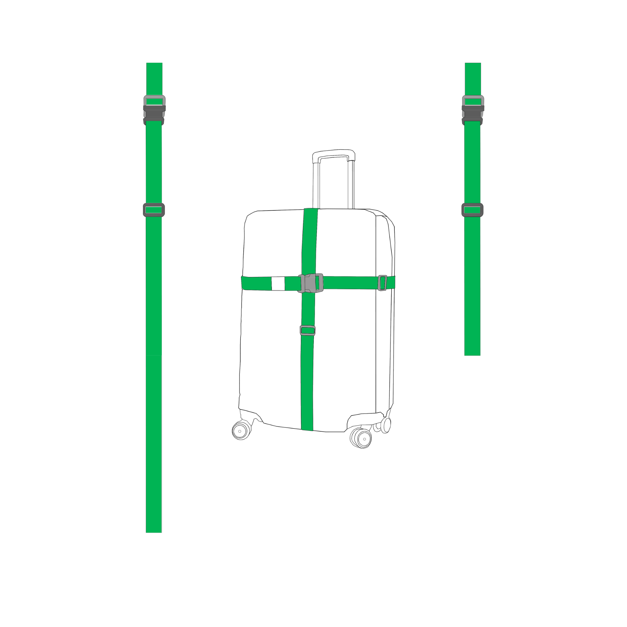 Powbag TripDuo ikili valiz kayışı seti, dayanıklı polyester dokumadan üretilmiş, klipsli ve ayarlanabilir, dikey ve yatay kullanıma uygun bavul sabitleme kemerleri.