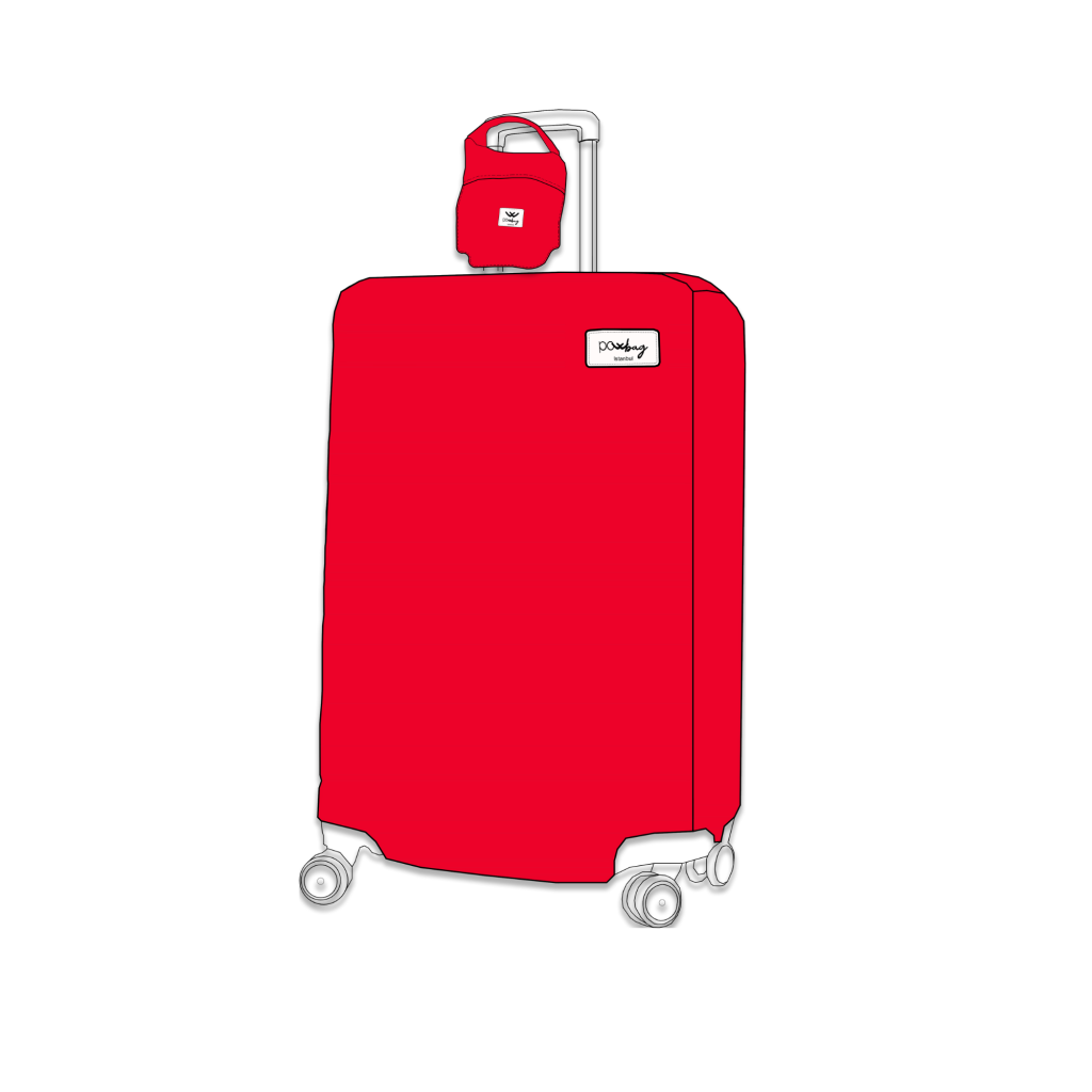 Powbag POWStretch, yumuşak ve esnek kaşkorse kumaştan üretilmiş, valizi sararak korumaya yardımcı olan, çıkarılabilir seyahat organizerli ve katlanabilir bavul kılıfı.